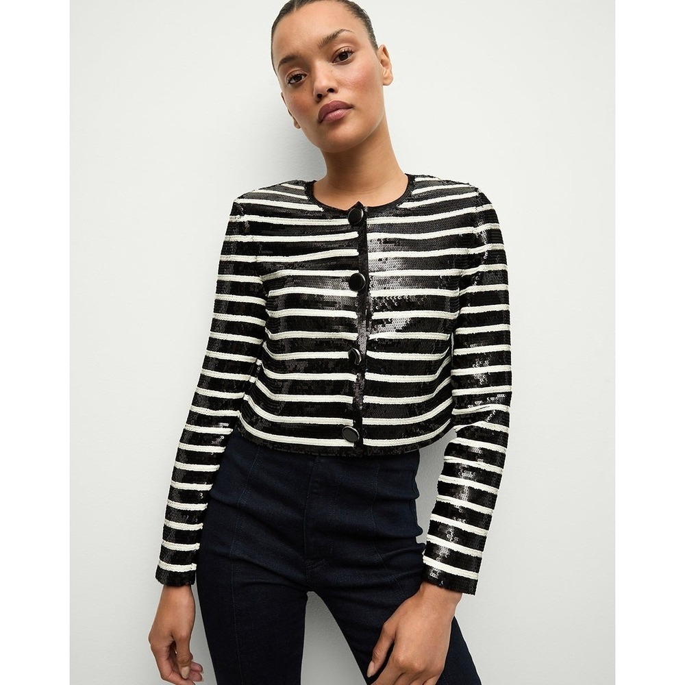 Veronica Beard NWT Mickey Striped Sequin Lady Jacket Black White Cropped 4